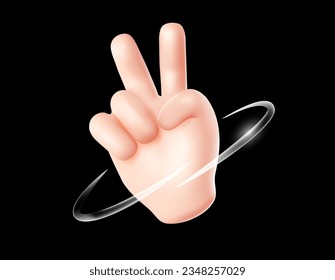 Vector illustration of hand gesture sign v with flying ring on black color background. 3d style emoji design of man white skin hand for web, banner, poster, print