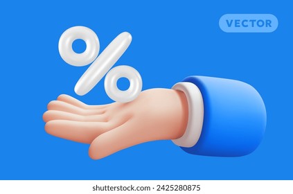 Vector illustration of hand gesture in sleeve hold percent sign on blue color background. 3d style design of man white skin hand and sale percent for web, banner, poster, print