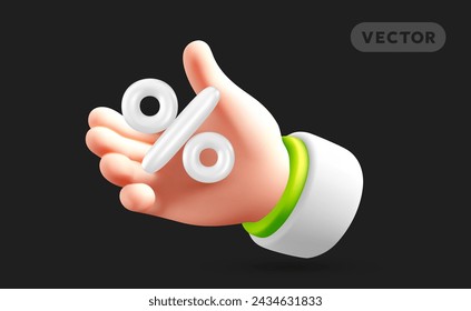 Vector illustration of hand gesture in sleeve hold percent sign on black color background. 3d style design of man white skin hand and sale percent for web, banner, poster, print