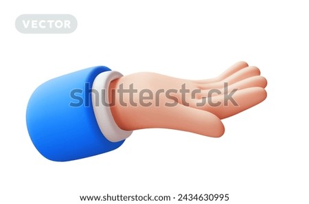 Vector illustration of hand gesture in sleeve on white color background. 3d style design of man white skin hand open palm for web, banner, poster, print