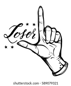 Vector illustration. Hand gesture,lettering Loser. prints on T-shirts, tattoos, background white,hand in the tattoo, Handmade