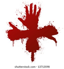 Vector illustration of a hand gestures conceptual ink splatter design element. Bloody red.