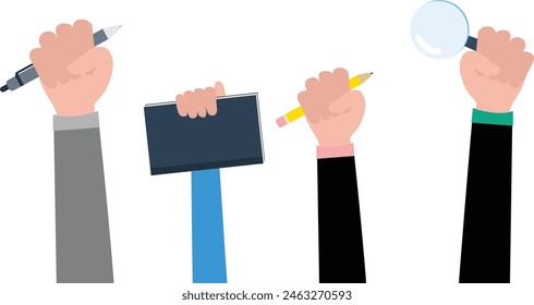 Vector illustration of hand gestures in education holding a pen, holding a book, holding a pencil, holding a magnifying glass. Researcher’s hand for journal studies. Journal research.