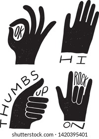 vector illustration of the hand gestures with lettering saying ok, hi, thumbs up and rock on