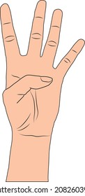 Ilustración vectorial de los gestos de mano número de cuatro. Palm con cuatro dedos extendidos.