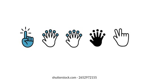 Ilustração vetorial dos gestos das mãos para a tecnologia de tela sensível ao toque Esta imagem mostra quatro gestos das mãos diferentes, adequados para representar interações com a tela sensível ao toque.
