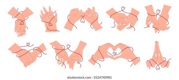 Ilustração vetorial de gestos de mão unidos por uma fita vermelha simbolizando amor e apoio em um fundo branco. Um design que representa a unidade em um relacionamento