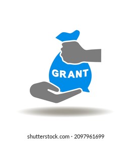 Vector illustration of hand give money bag and other hand take it. Icon of grant. Symbol of grants, subsidies.