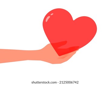 Vector illustration of hand give red shape heart on white color background. Kindness donation and charity concept. Flat style romantic design with sharing love heart for Valentine's Day greeting card