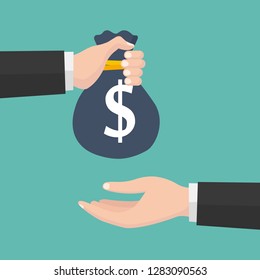 Vector illustration of the hand giving bag with money to a businessman. Flat design.