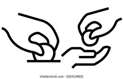 Vector illustration of hand giving coin, black and white line drawing style
