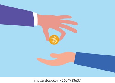 Vector illustration of a hand giving a gold coin to another hand, symbolizing donation, financial support, charity, money transfer, investment, or business transaction concept
