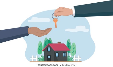 A vector illustration of a hand giving a house key to another, with a home background signaling property ownership transfer.