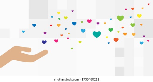 vector illustration of hand giving love with colorful hearts confetti