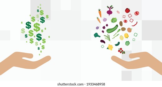 vector illustration of hand giving money for fresh vegetables products 