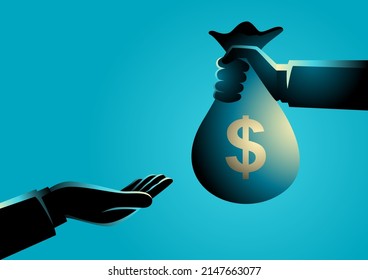 Vector illustration of hand giving money bag to another hand