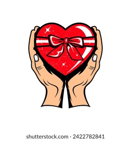 vector illustration of a hand giving a sweet heart-shaped box, ilustrasi vektor tangan yang memberikan kotak berbentuk hati yang manis