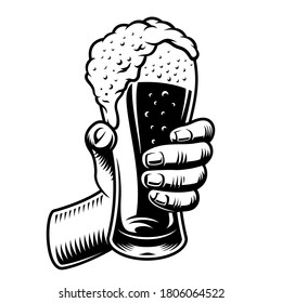 A vector illustration of hand with a glass of beer isolated on white background.