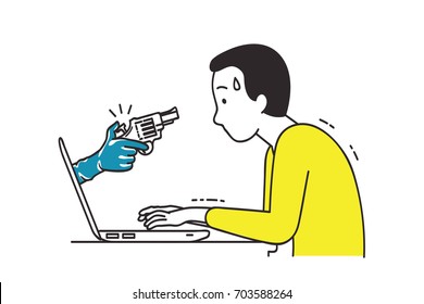 Imagen vectorial de la mano con un arma de guante saliendo de la pantalla de un portátil, con el objetivo de atacar a los usuarios de Internet a través de las redes sociales.  Dibujo gráfico, esquema, lineal, línea de arte, dibujo a mano.