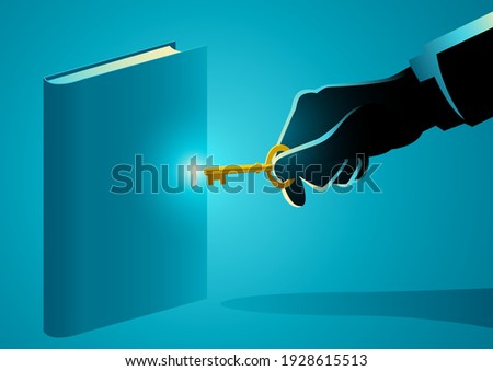 Vector illustration of a hand with golden key opening a book