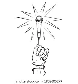 vector illustration of hand graphic design with microphone, icon, art tattoo sketch, logo, hand draw, use in print