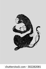 Vector illustration, hand graphics  - Two monkeys hugging