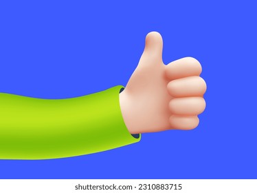 Vector illustration of hand in green sleeve gesture thumb up sign good on blue color background. 3d style emoji design of man white skin hand for web, banner, poster, print