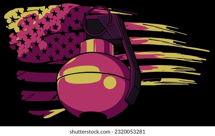 ilustración vectorial de la granada de mano con bandera estadounidense sobre fondo negro