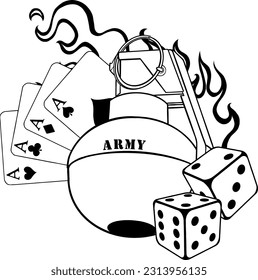 ilustración vectorial de la granada de mano con tarjetas dicve y poker