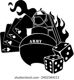 vector illustration of hand grenade with dicve and poker cards