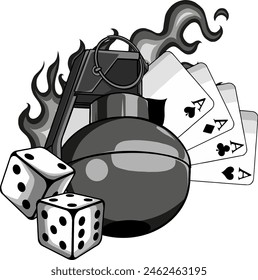 Vektorillustration von Handgranate mit Dive- und Pokerkarten