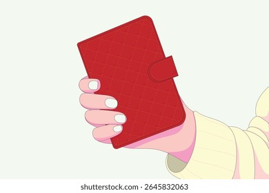 Vector illustration of a woman’s hand gripping a red wallet. Flat style for financial, savings, and shopping concepts. Isolated minimalist element for modern design and user interface use.