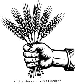 Vector illustration of hand gripping wheat symbolizing agriculture, harvest, labor, sustenance, solidarity, and productivity