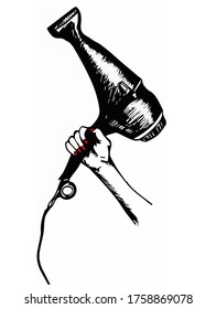 Vector illustration of hand with hair dryer. Hand-drawn sketch.