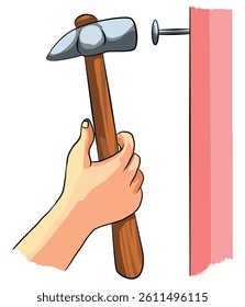 Vector illustration hand hammering nail