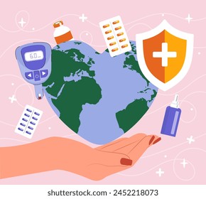 A vector illustration of a hand with healthcare elements and a globe, symbolizing global health on a pink background. Flat vector illustration