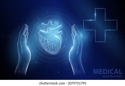 Vector illustration of a hand and heart with a heart beat and a medical cross, on a dark blue background, a symbol of health protection, preventive medicine.