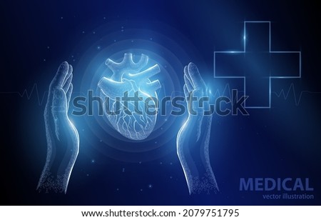 Vector illustration of a hand and heart with a heart beat and a medical cross, on a dark blue background, a symbol of health protection, preventive medicine.