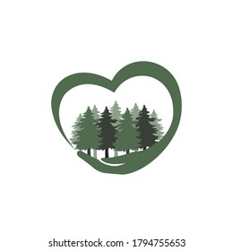 Vector illustration of hand in heart shape holding forest trees isolated on white background. Save forest concept, eco sign, Earth Day