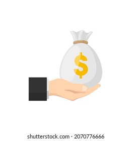 Vector illustration hand hold bag of money dollar icon. Flat design vector illustration isolated on white background.
