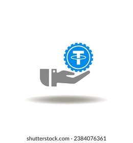 Vector illustration of hand hold coin USDT. Symbol of usd tether. Icon of stablecoin.