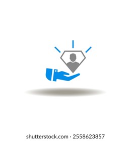 Vector illustration of hand hold diamond with person customer. Icon of talent. Symbol of client, customer, patient experience.