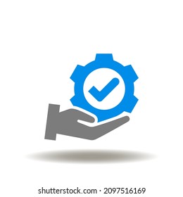 Ilustración vectorial del engranaje de retención manual con comprobación. Icono de cumplimiento de normas y regulaciones. Símbolo de pericia. Firma de las regulaciones.