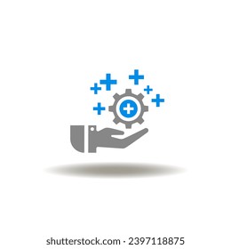 Vector illustration of hand hold gear wheel with crosses. Icon of health care. Symbol of medicine, medical service. Sign of pharmaceutical. Pictogram of benefits.