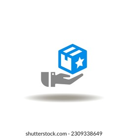 Vector illustration of hand hold or give box with star. Icon of pick fulfillment. Symbol of product quality assurance and standard.