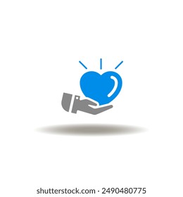 Vector illustration of hand hold heart shining. Icon of empathy. Symbol of core values.