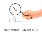 Vector illustration of hand hold magnifying glass throug glass of clear water where mosquito larvae clearly visible,mosquito reproduction,isolated on white.Drink clean water for hygiene,good health.