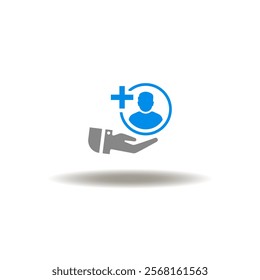 Vector illustration of hand hold man person with plus sign. Symbol of refer a friend. Icon of add new user.