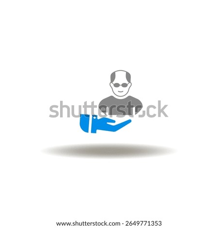 Vector illustration of hand hold old bald man. Icon of pensioner care. Symbol of pension plan.