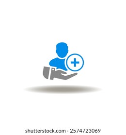 Vector illustration of hand hold person with plus sign. Symbol of refer a friend. Icon of user add.